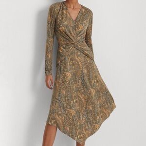 RALPH LAUREN Twist Front Paisley Jersey Midi Asymmetrical Dress Blue Tan 18